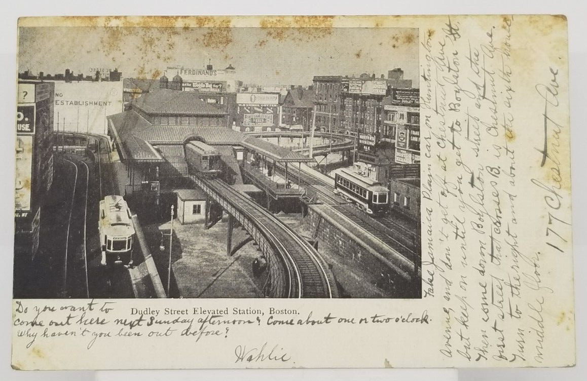 1906 Boston Mass Trolley Rail Station Dudley Street Retail Advertising Postcard