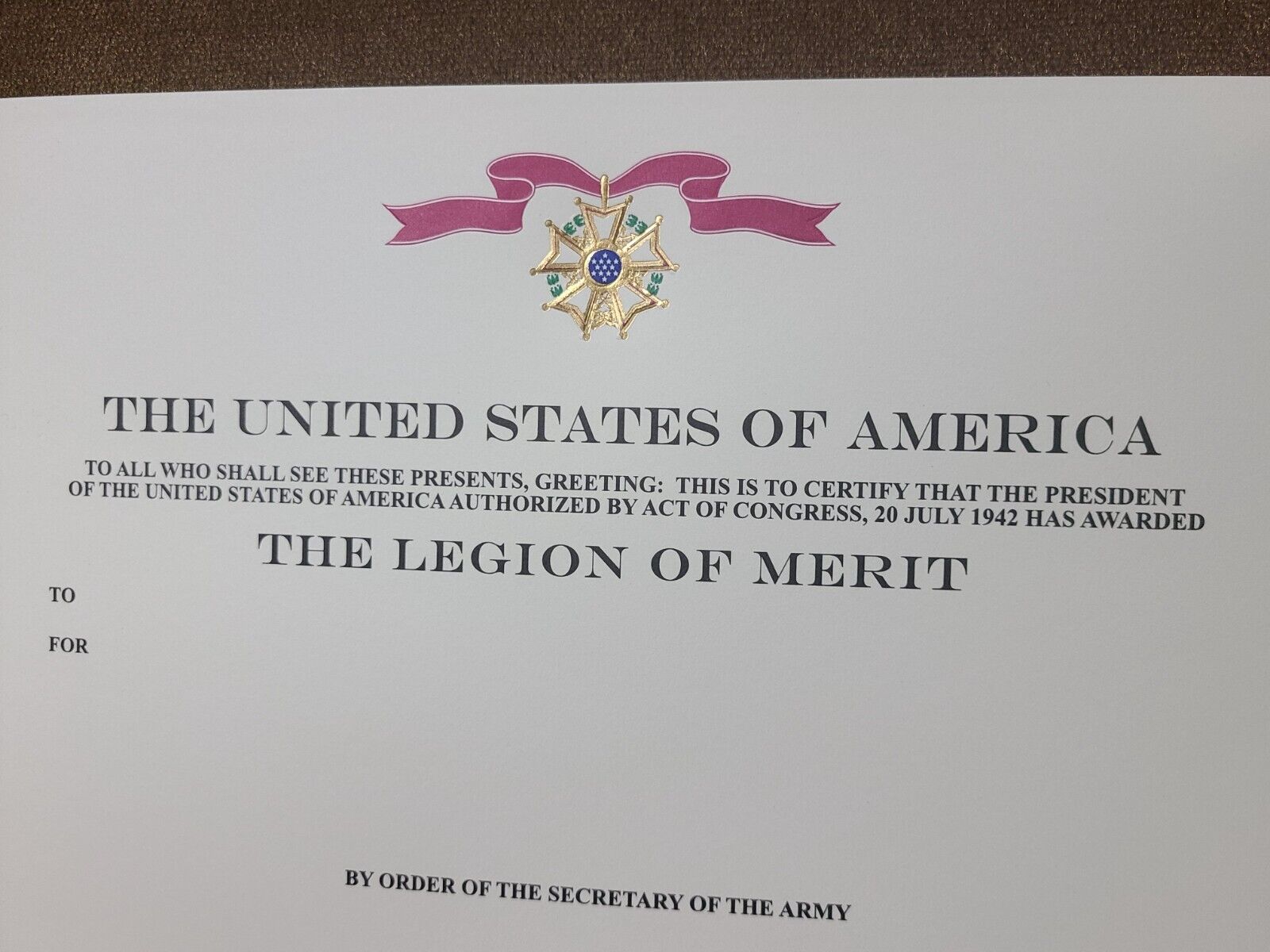 The Legion of Merit Medal Certificate (Original Issue)
