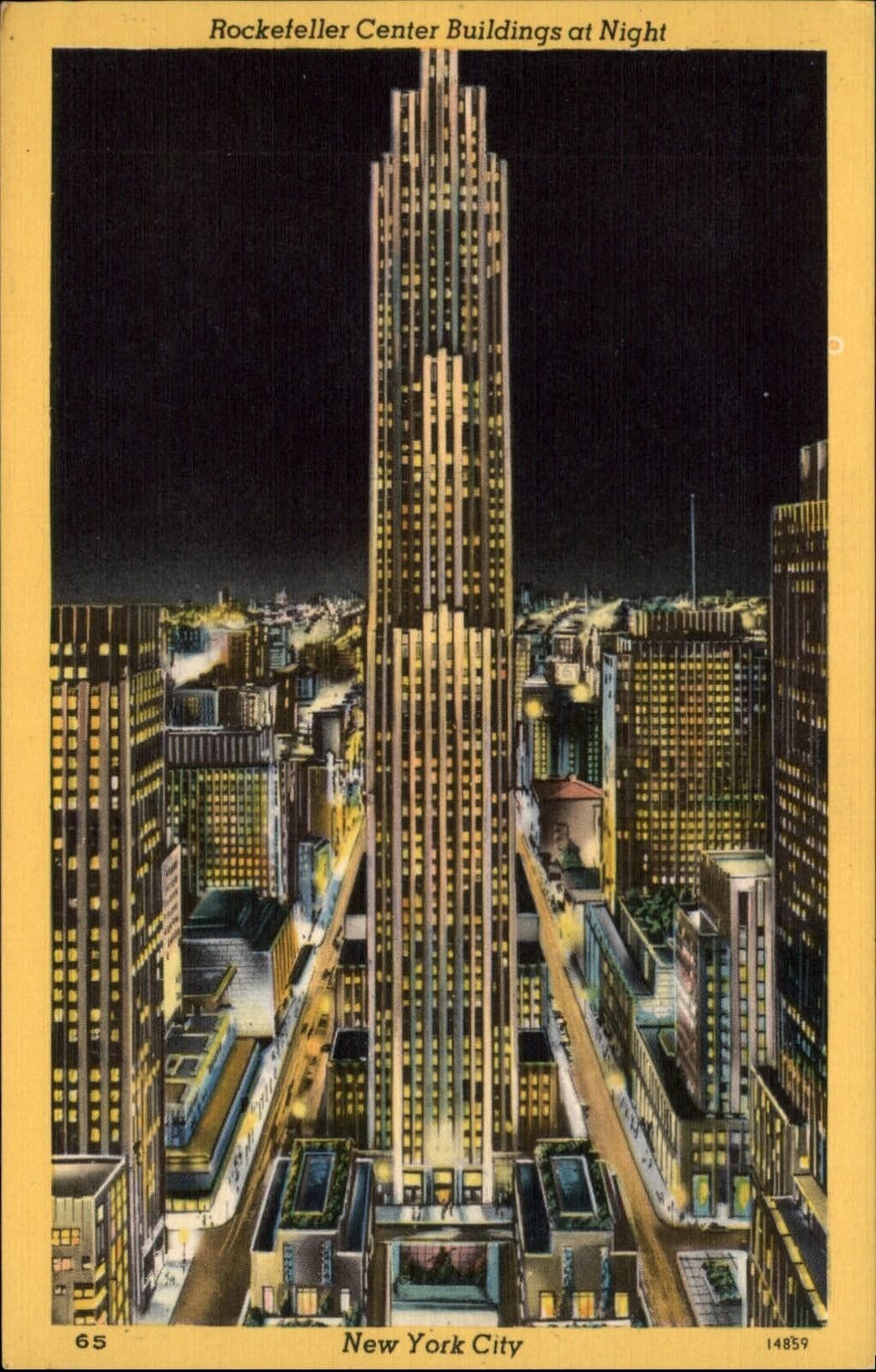 New York City New York ~ Rockefeller Center ~ night view ~ linen postcard sku109