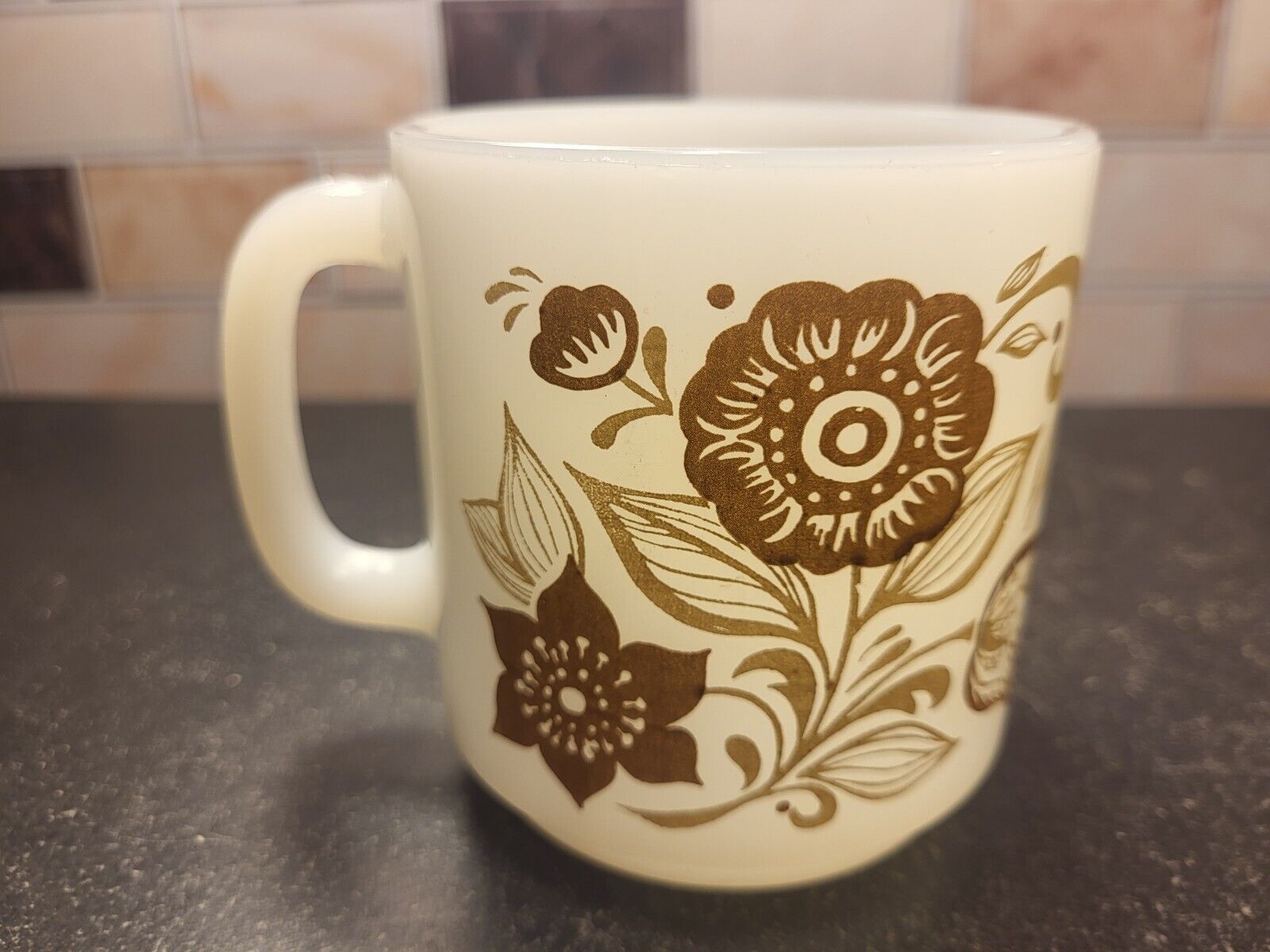 Vintage Glasbake Milk Glass Brown Beige Floral Flower Design Cup Coffee Mug #77 