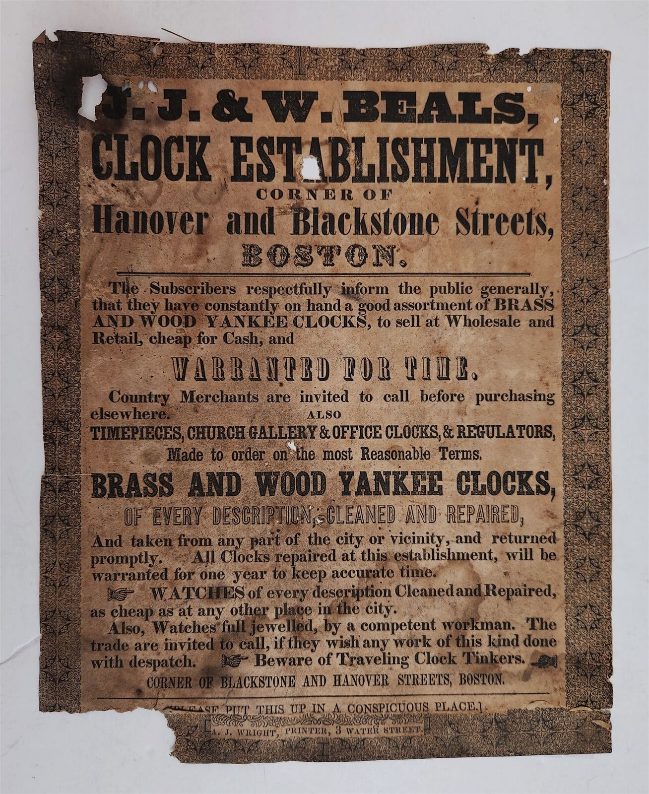 1840s antique BEALS CLOCK MAKER SELLER boston ma BROADSIDE ad Beware Tinker