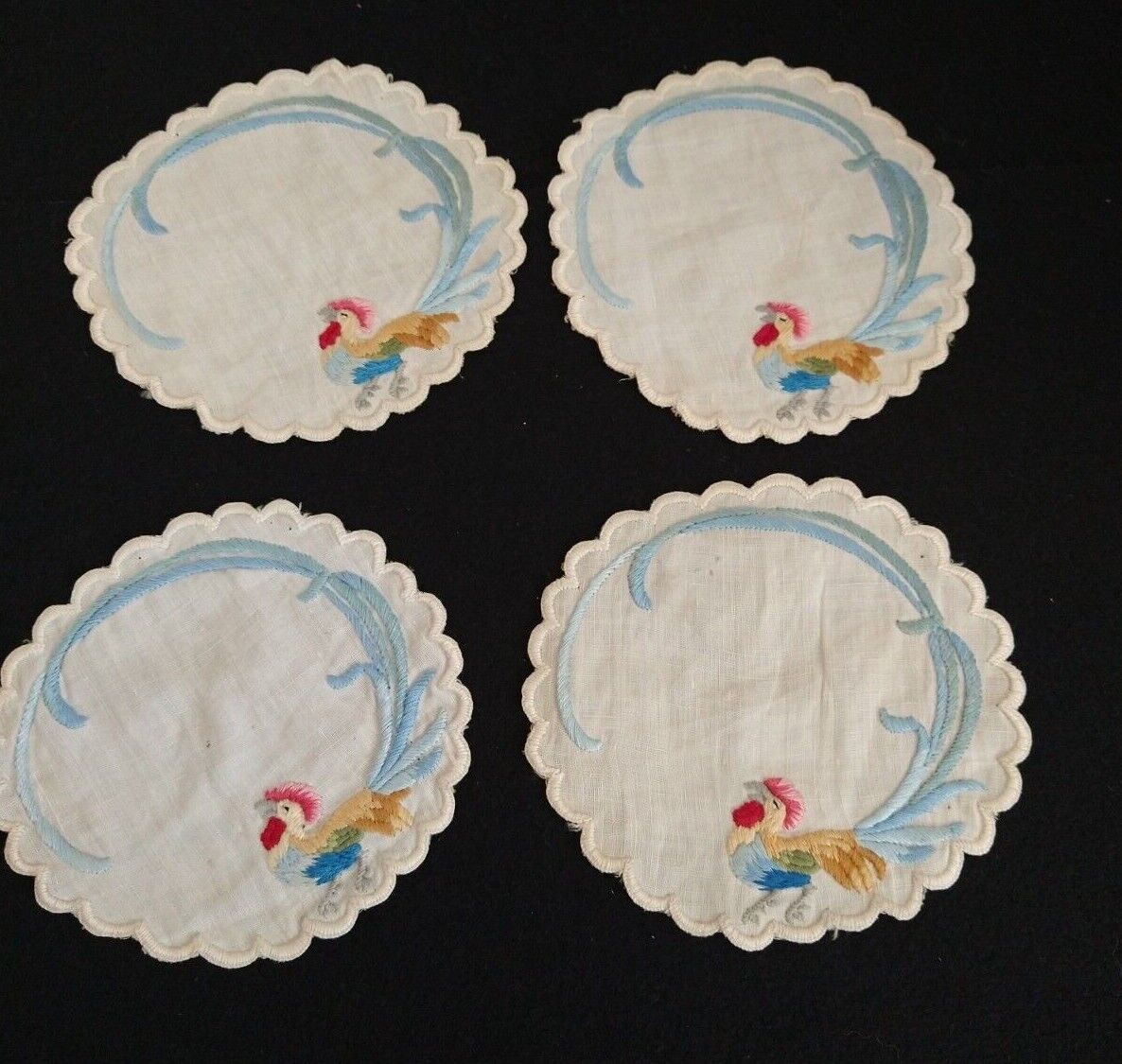 Vintage LOT 4 embroidered coasters rooster clean colorful Great Condition