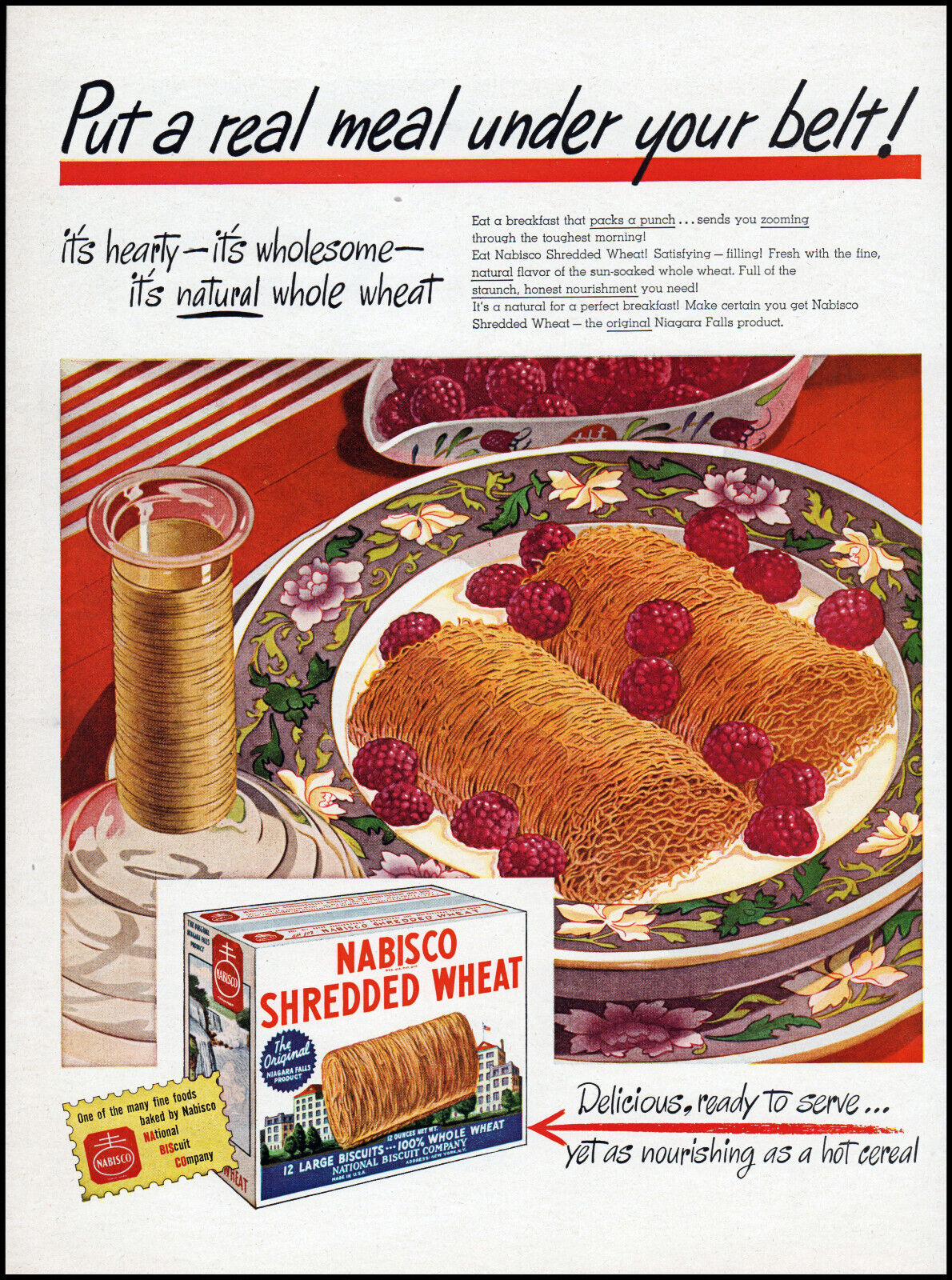 1946 Nabisco Shredded Wheat a real meal breakfast vintage art print ad adl83