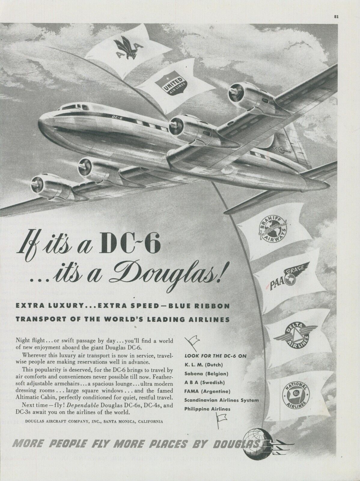 1948 Douglas DC-6 More People Fly More Places Flying Clouds Vintage Print Ad C9