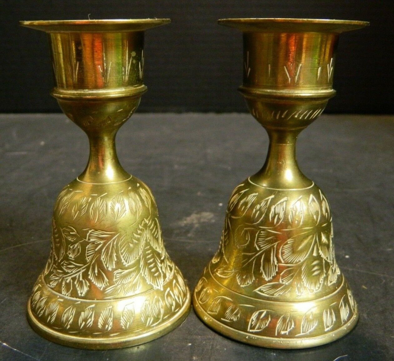 Vintage Pair of Etched Brass Bell Candlesticks of Sarna India 4\
