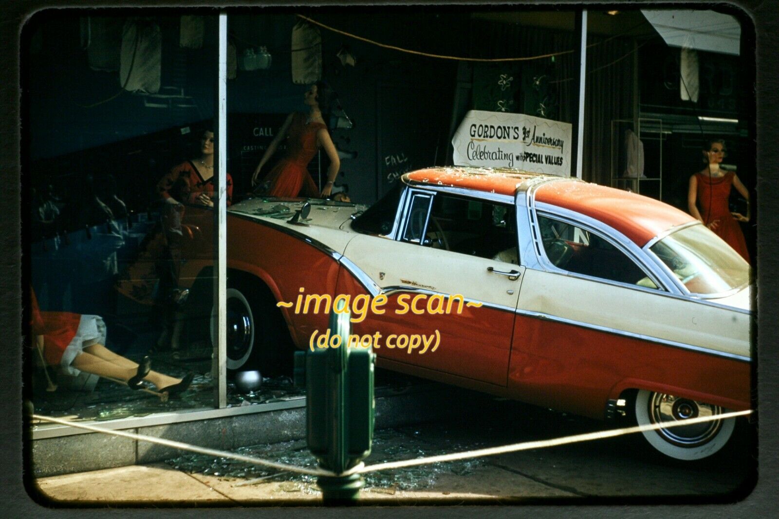 Illinois Ford Car Crashed into Store w Mannequin in1950's, Kodachrome Slide h22a