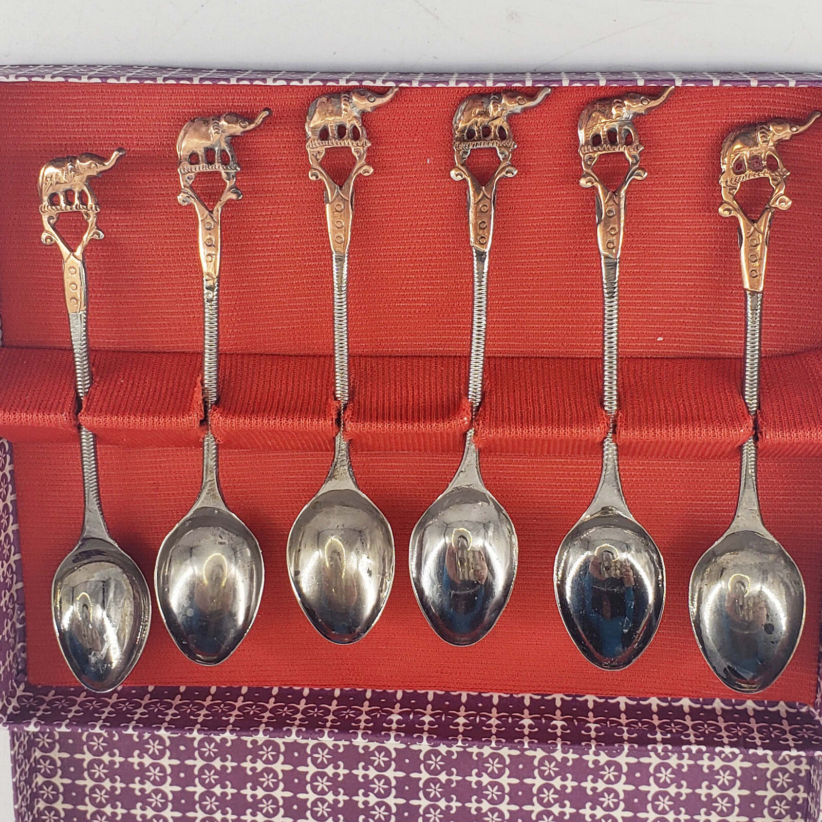 Vintage set of 6 Spoon Elephant handle hand-hammered Copper Coffee Tea Demitasse