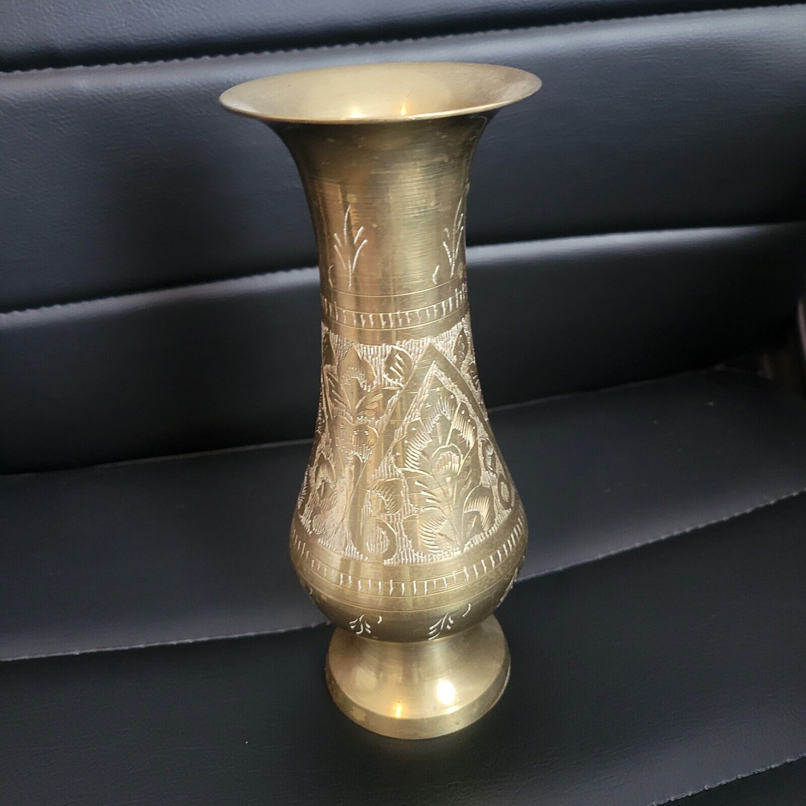 Vintage Etched Brass Vase Fluted Made In India Mcm Ethnic Boho Cultural Exotic