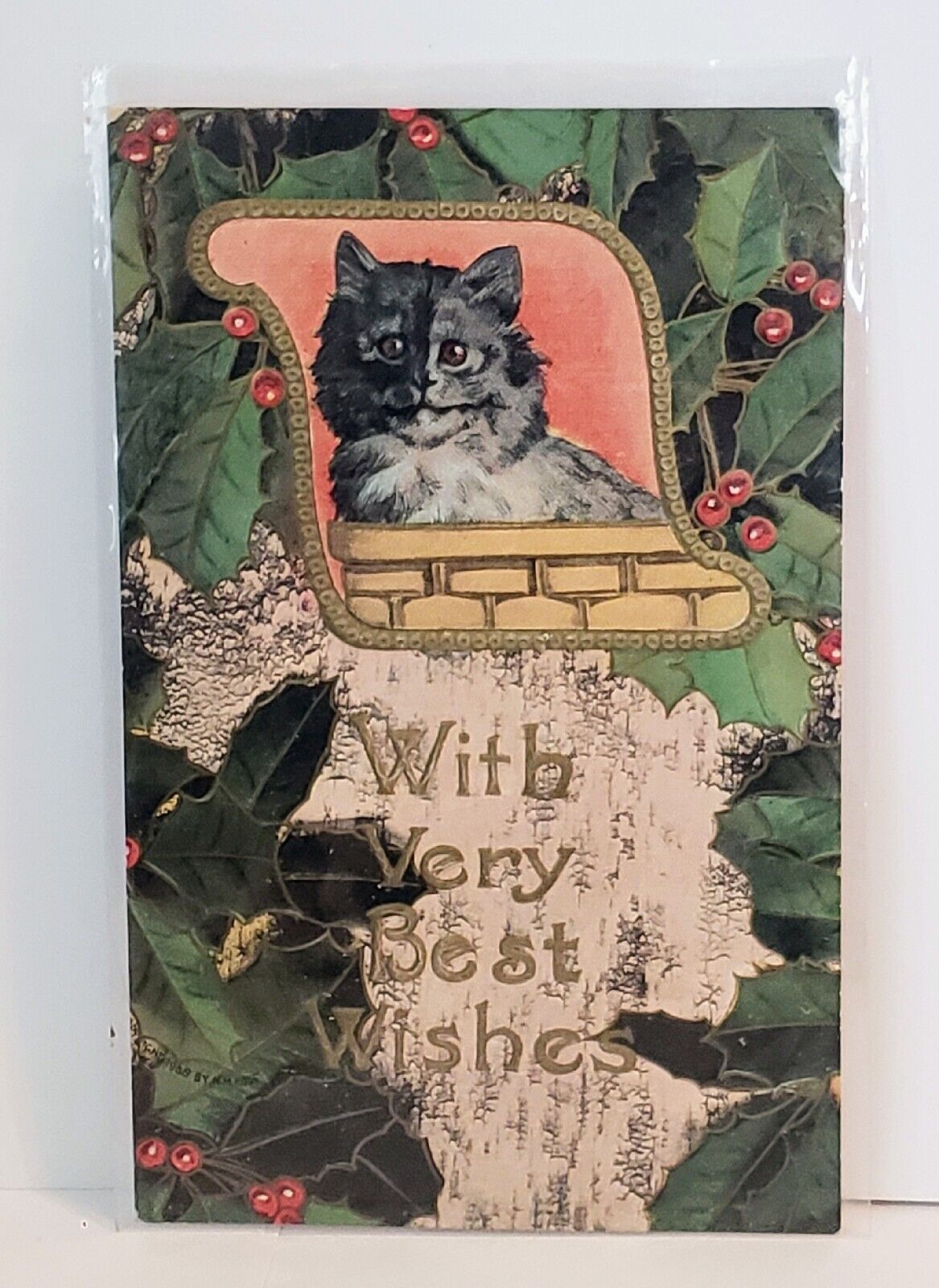Antique 1911 Christmas Postcard CAT CARD BEST WISHES Post Card Kitty Cat Germany