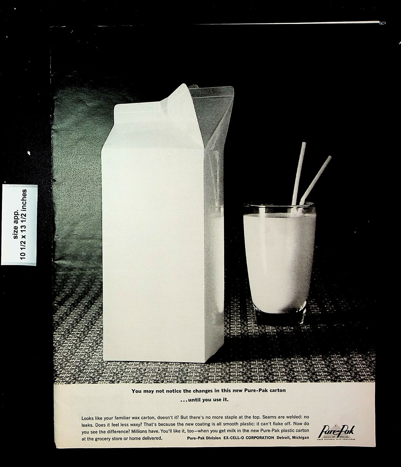 1963 Pure-Pak Milk Container Glass Carton Beverage Vintage Print Ad 25424