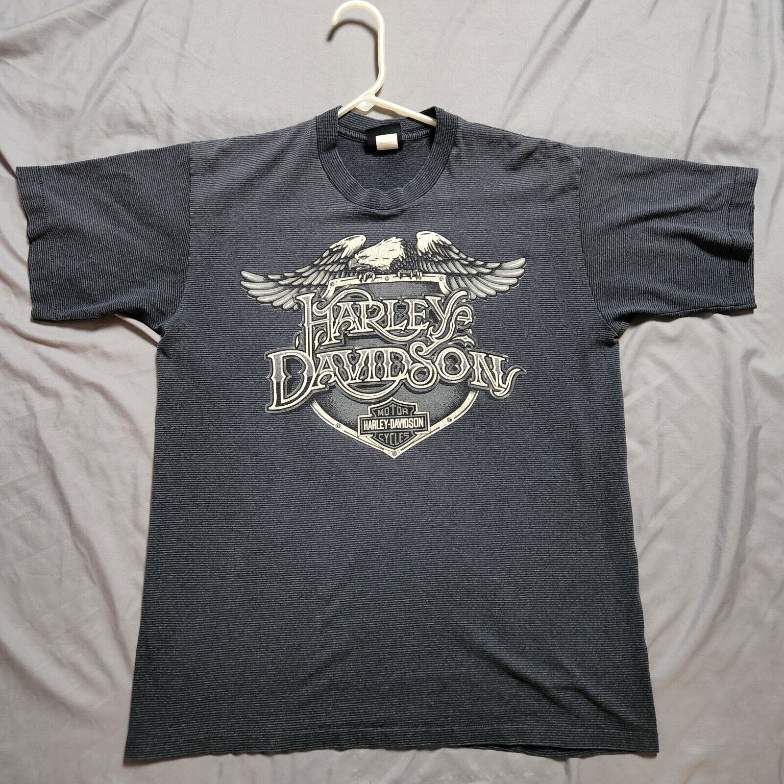 Vtg Harley Davidson Striped Shirt Men\'s L Eagle Shield Peoria, IL Single Stitch