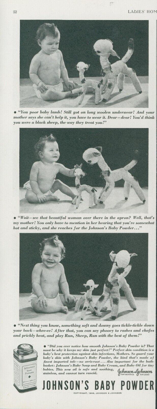 1938 Johnsons Baby Powder Baby Toy Lamb Sheep Downy Soft Vintage Print Ad LHJ2