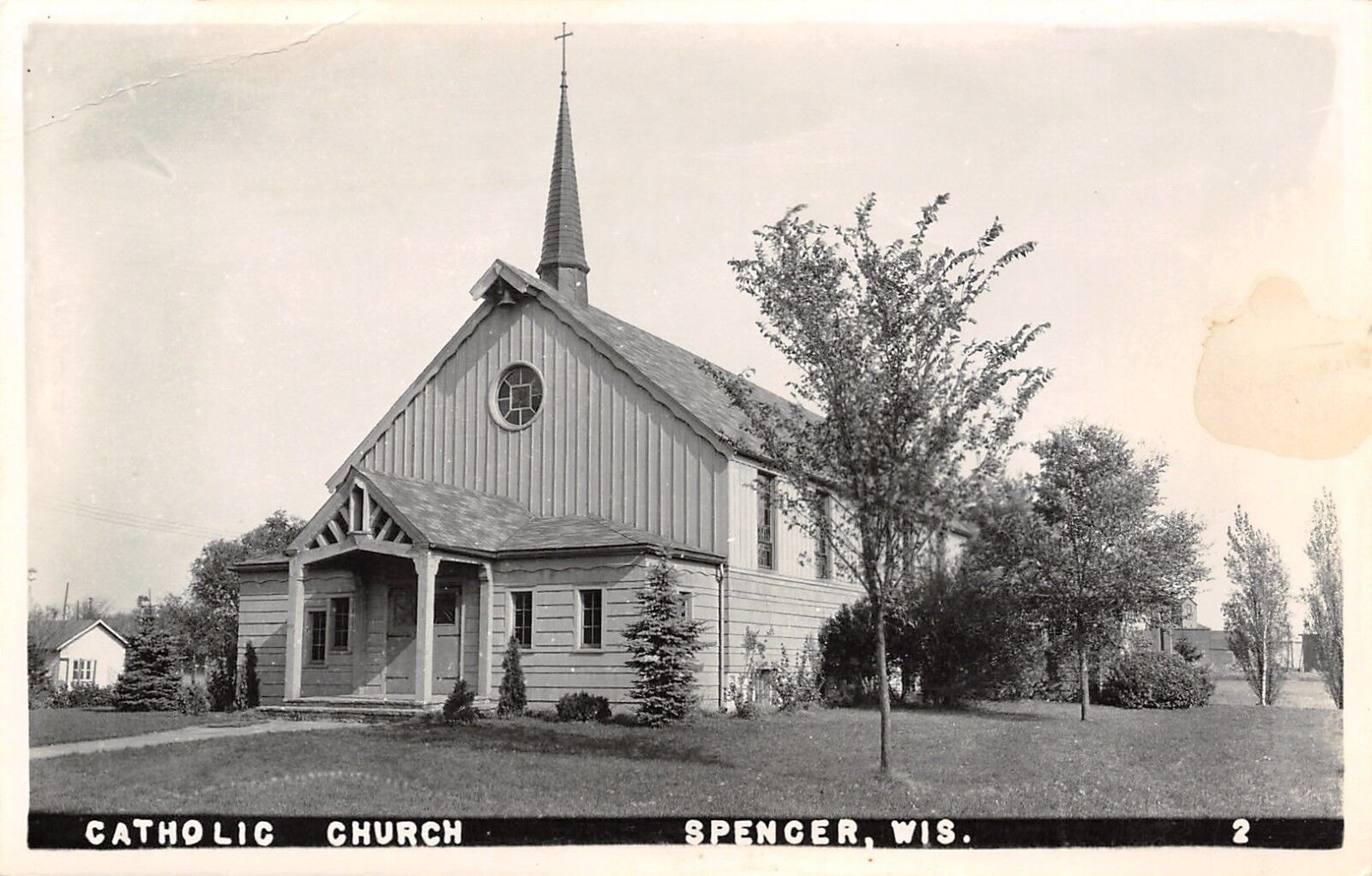 Spencer WI Vergeboard on Catholic Church~Newer Trees~Vertical Siding RPPC 1940s