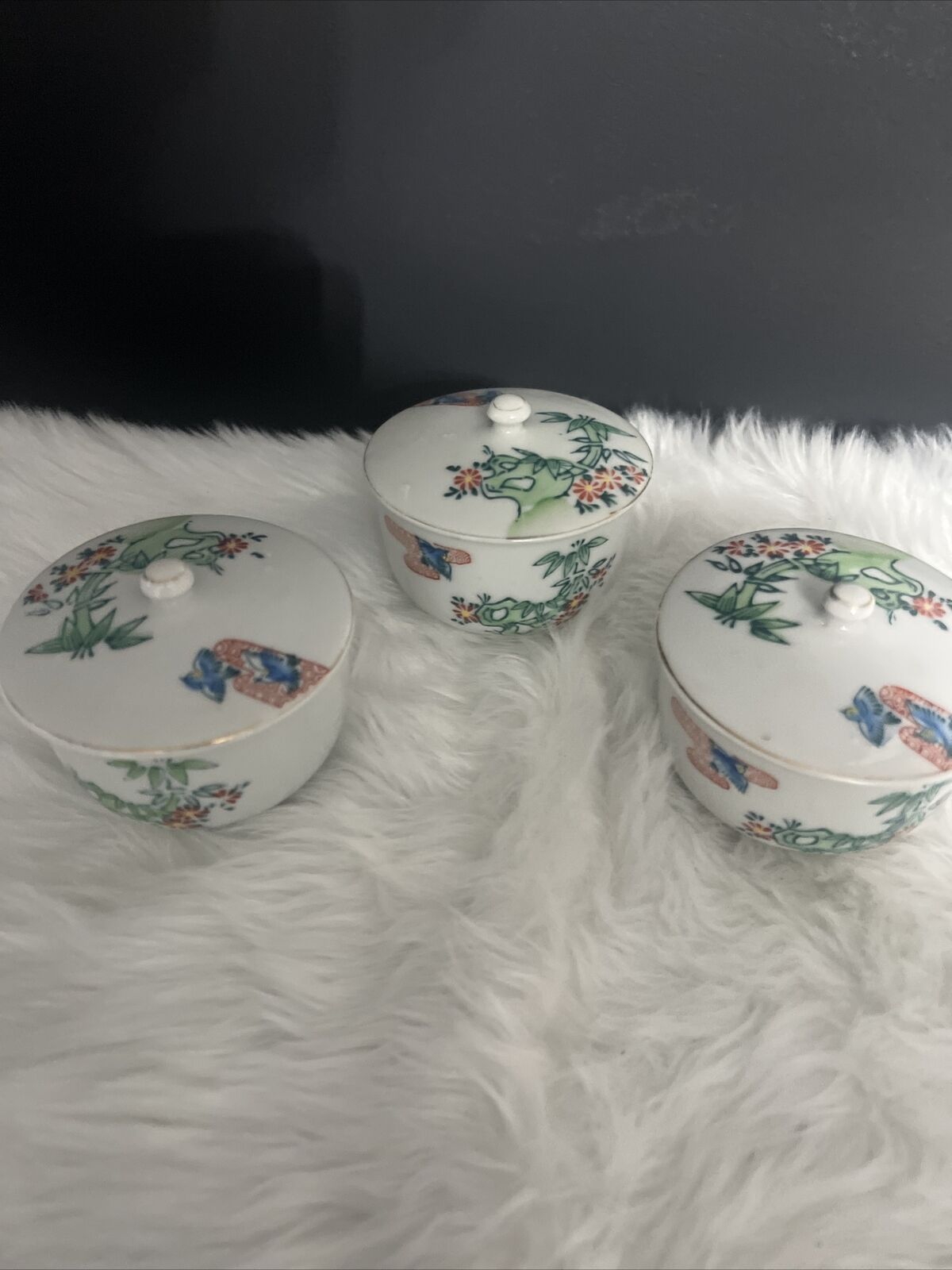 Vintage Maruka China 3 Japanese tea cups with lids made in Japan 2 In Tall 3w