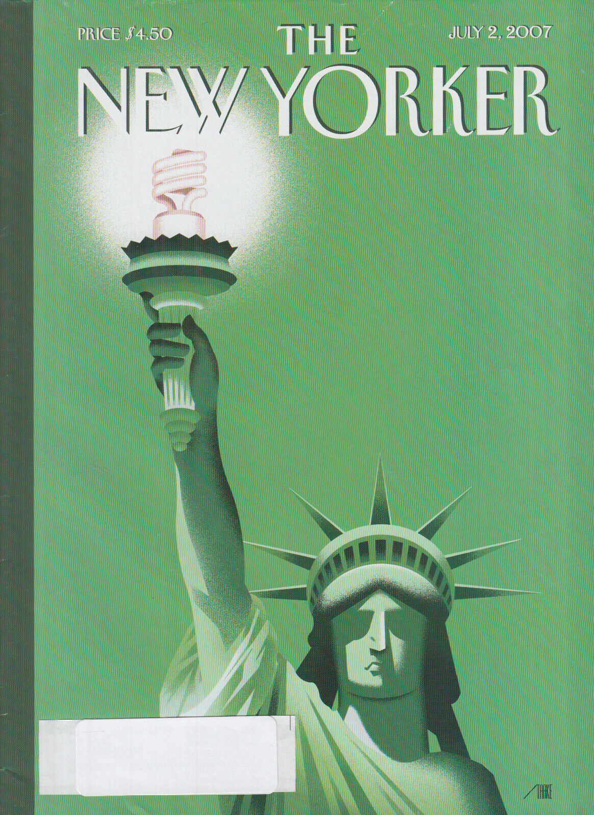 New Yorker cover Enid Starkie Statue of Liberty with fluorescent bulb 7/2 2007