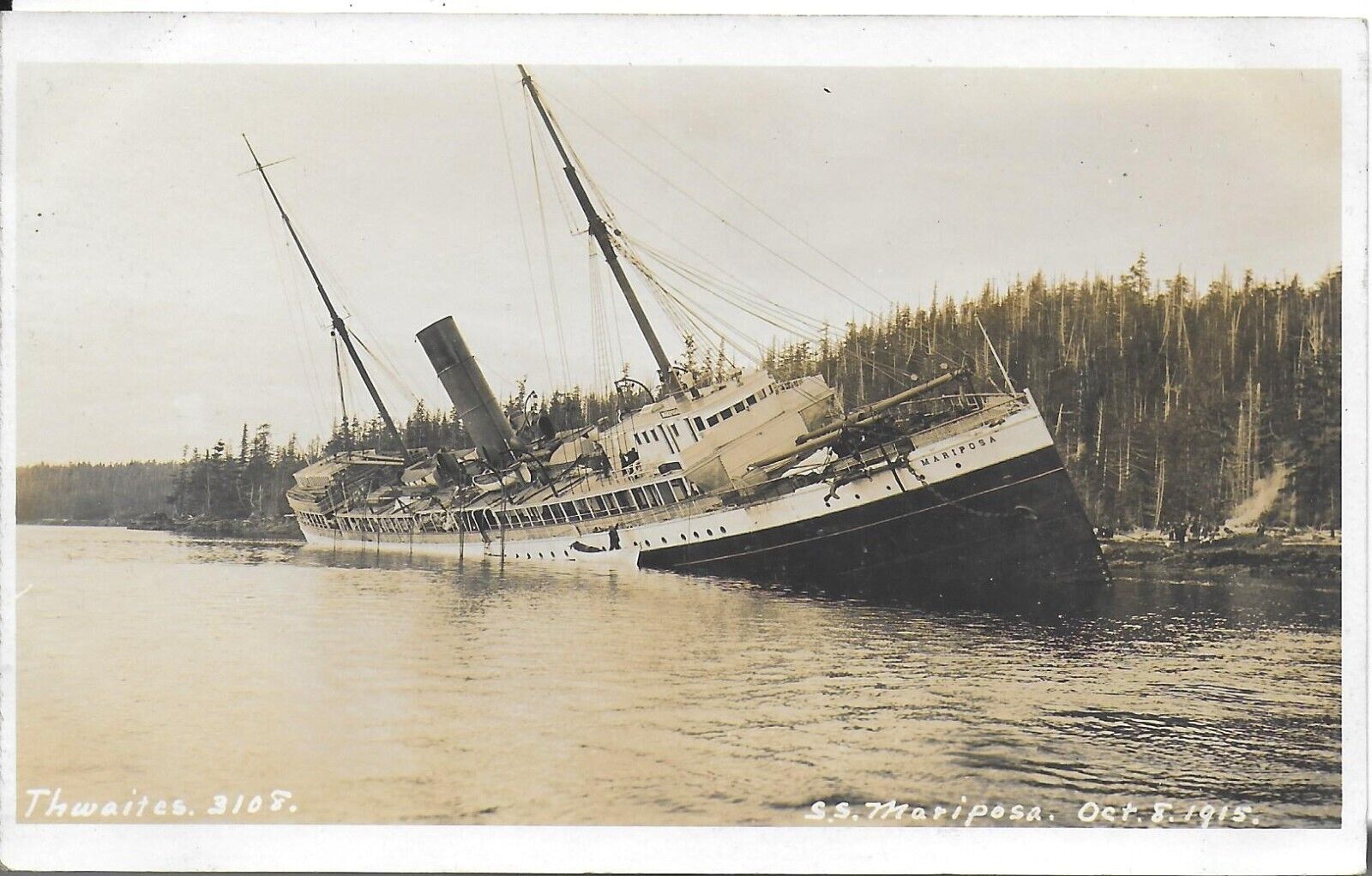 RPPC October 1915 Wreck of the SS Mariposa at Bella Bella BC by J E Thwaites