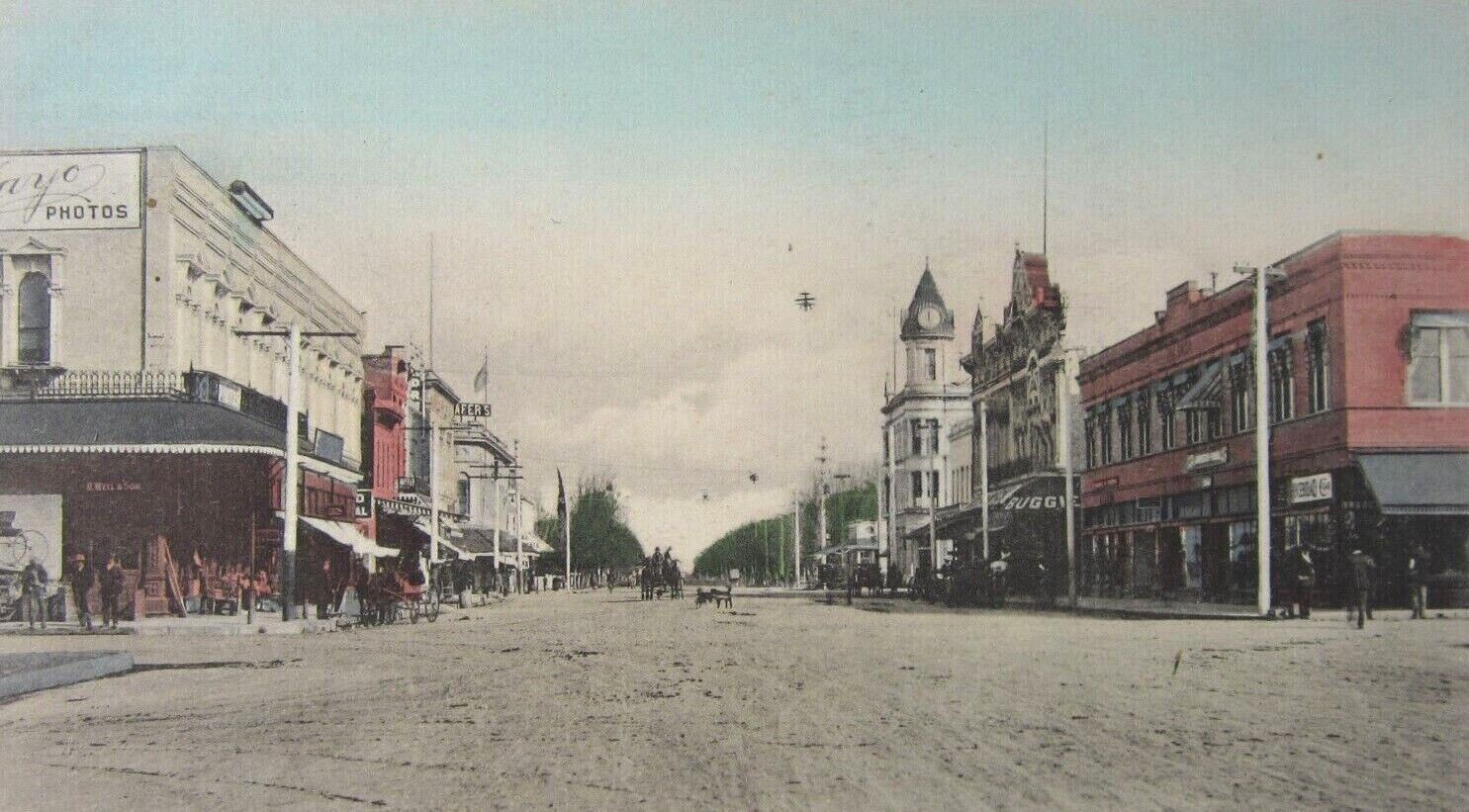 Modesto CA History Downtown Postcard I Street Store Front Horse Carriage 1910s