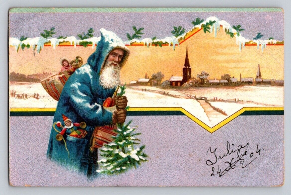 c1905 Old World Blue Santa Claus Toys Tree Church Village Frost Christmas  P204
