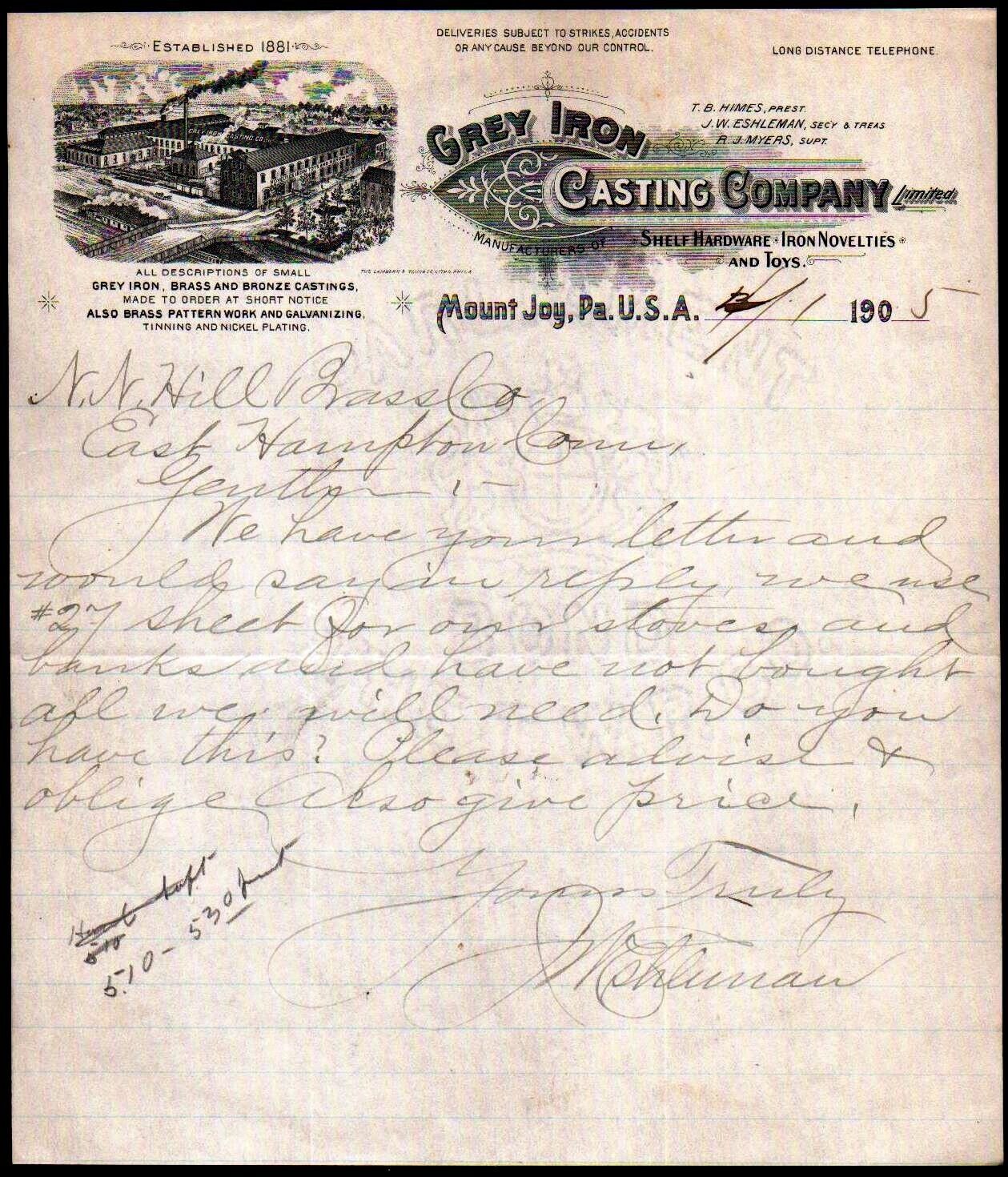 1905 Mount Joy Pa - Grey Iron Casting Co - T B Himes - Rare Letter Head Bill