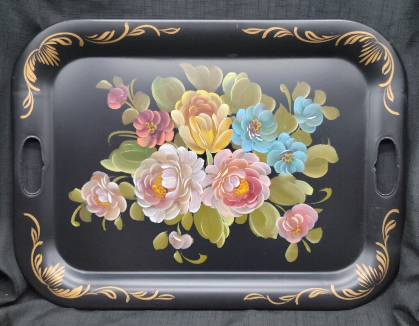 Vtg MCM Black Hand-Painted Floral TOLE TRAY w/ Handles 20\