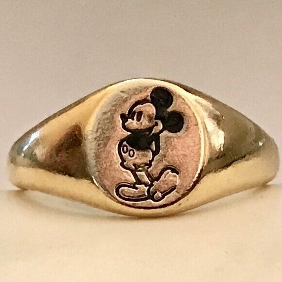 Vintage Mickey Mouse Pinkie Ring RARE Size 3 Gold Tone Plated Disneyana Signed