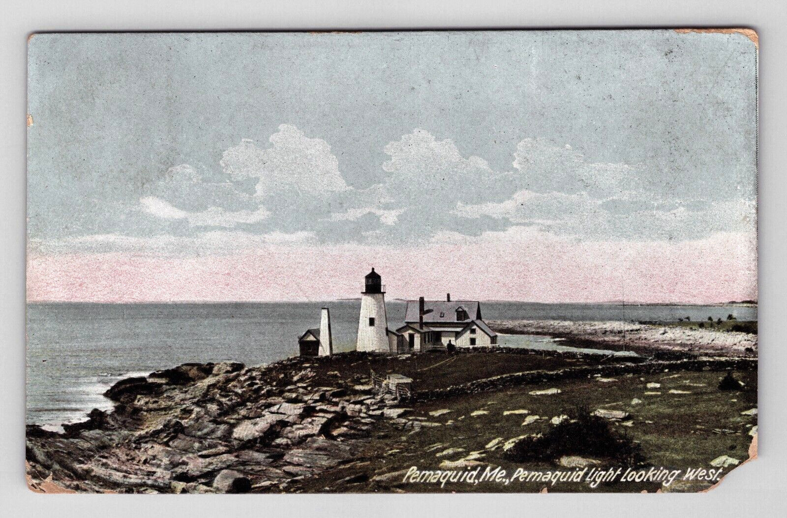 Postcard 1908 ME Pemaquid Lighthouse Rocks Ocean Water Scenic View Maine