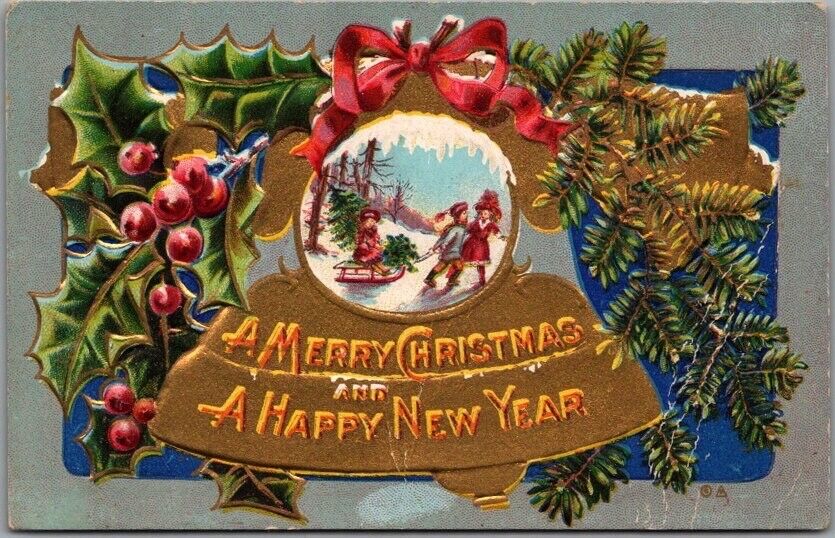 c1910s MERRY CHRISTMAS / Happy New Year Embossed Postcard Gold Bell / Holly