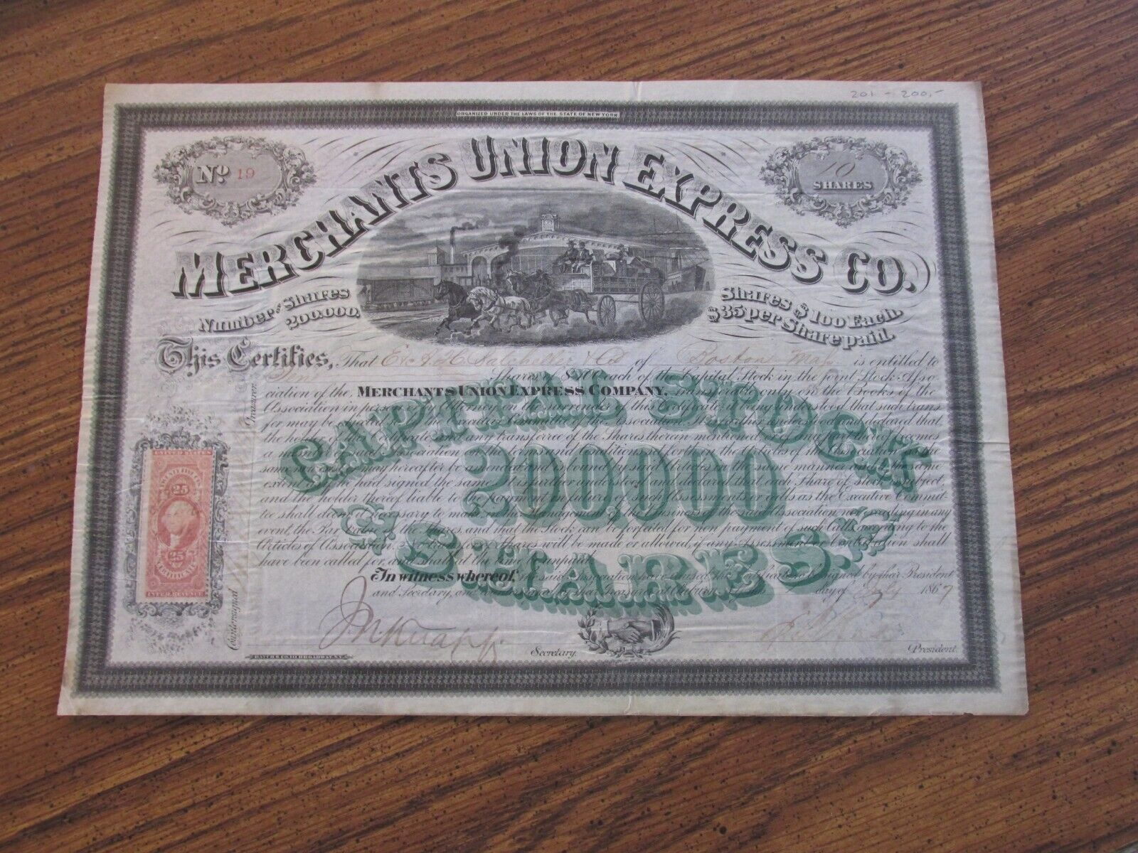 Merchants Union Express co 10 shares certificate #I 1867