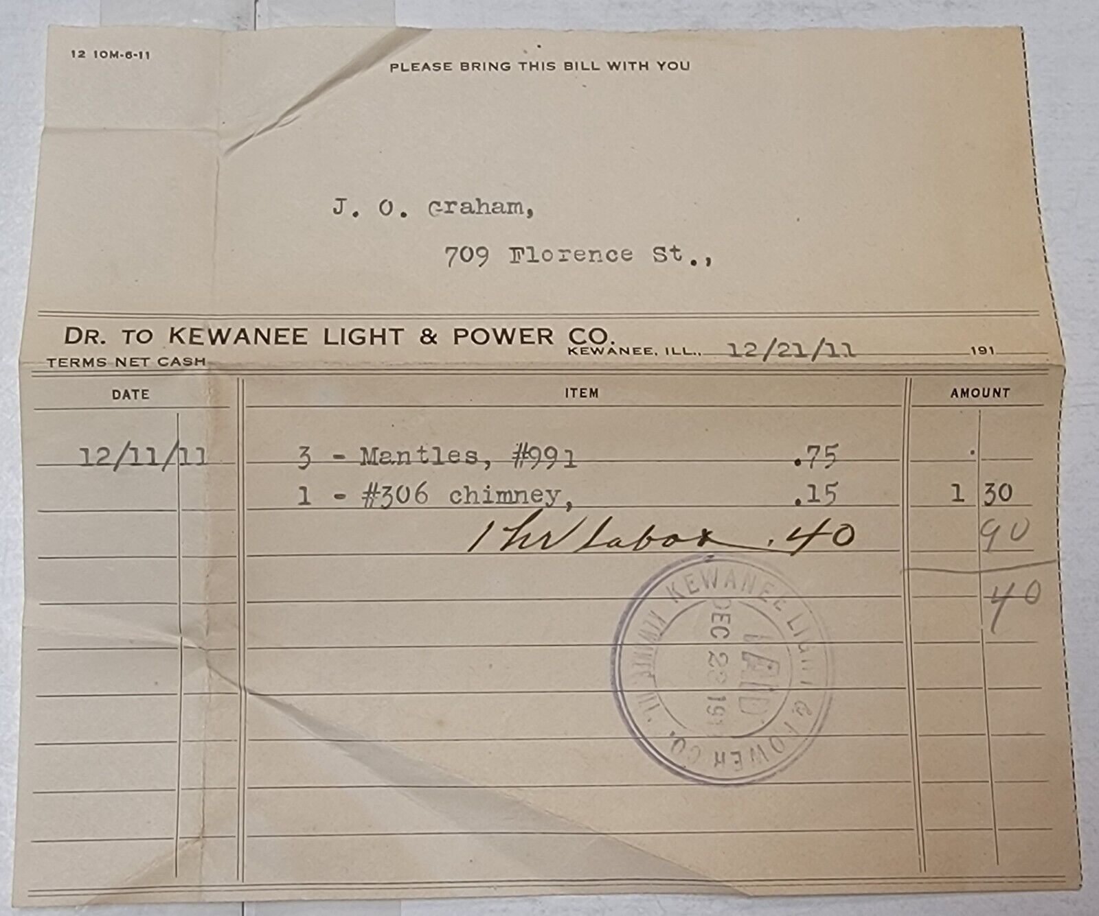 KEWANEE, ILLINOIS RECEIPT, LIGHT & POWER 1911 SEE PICTURES SE167