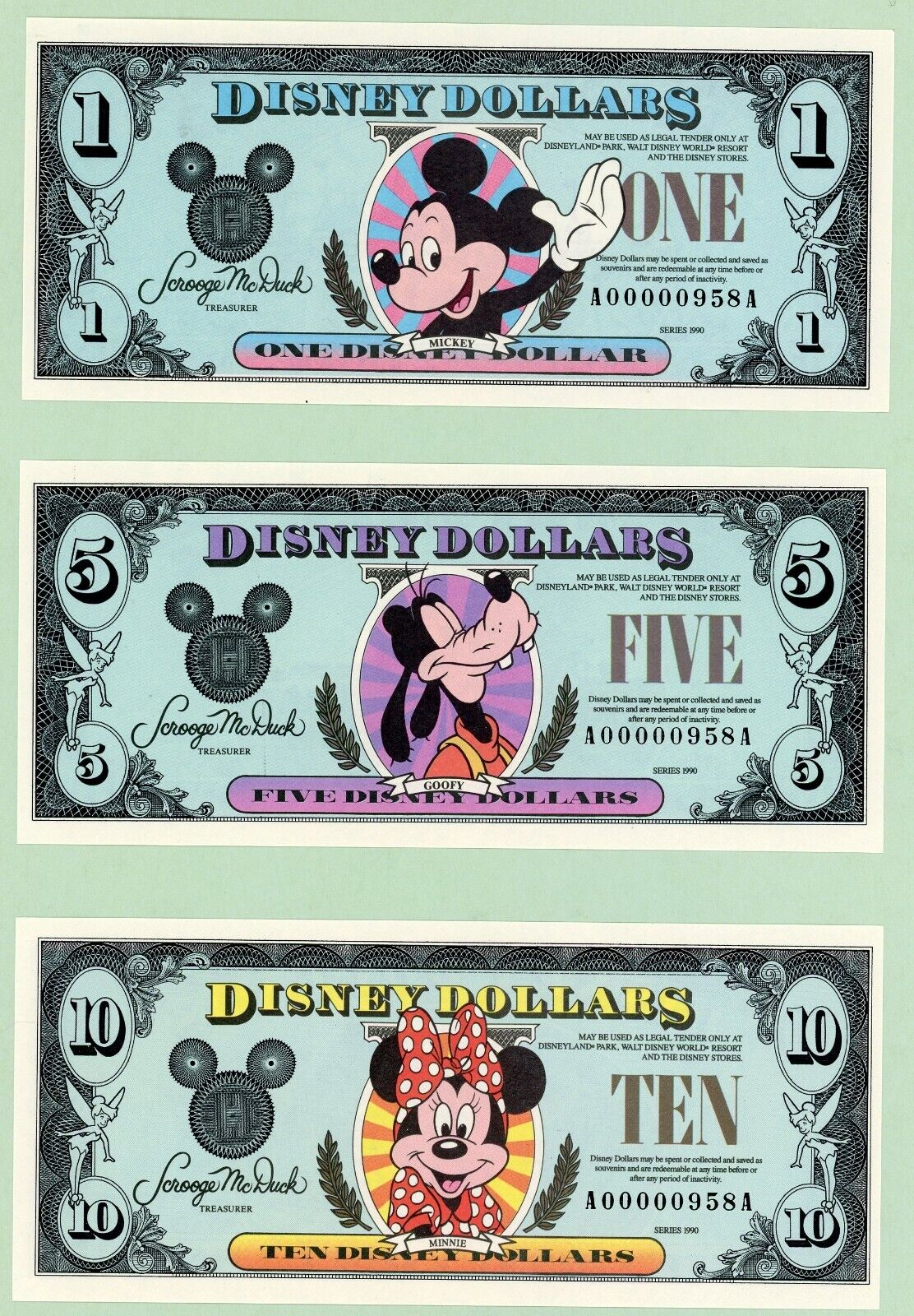 New Crisp Unc Disney Dollars $1, $5 & $10 Matching Serial #\'s A00000958A (1990)