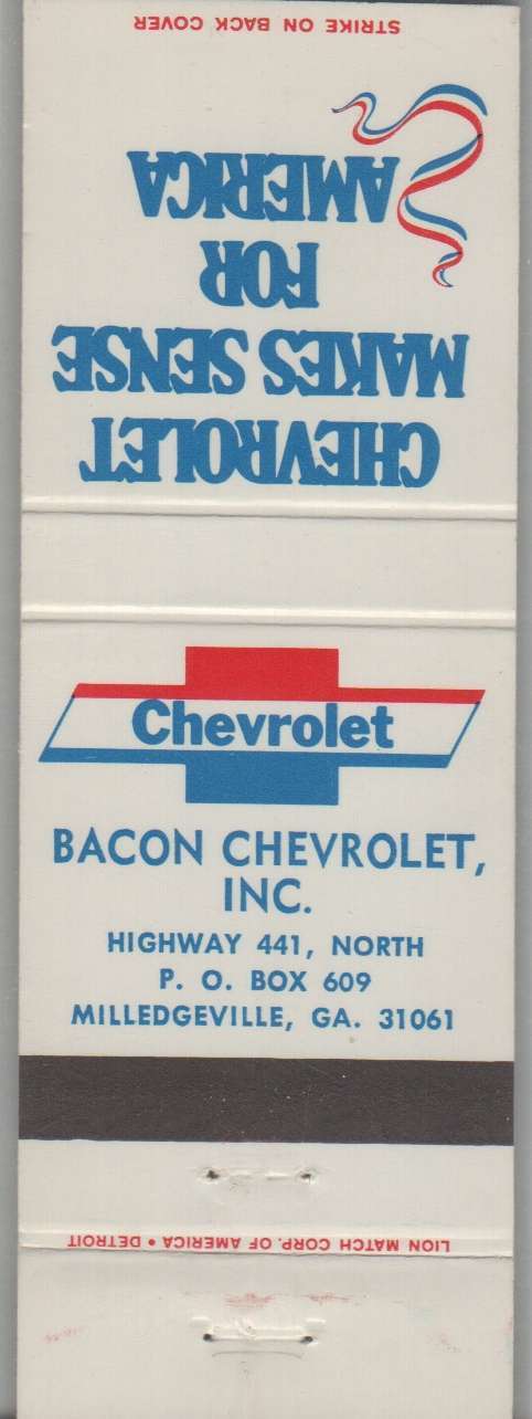 Matchbook Cover - Chevrolet Dealer - Bacon Chevrolet Milledgeville, GA