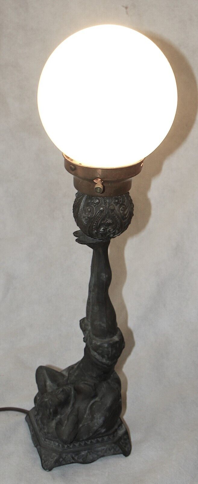 Antique Art Deco Figural Reclining Woman Lamp w Glass Globe - Works Great