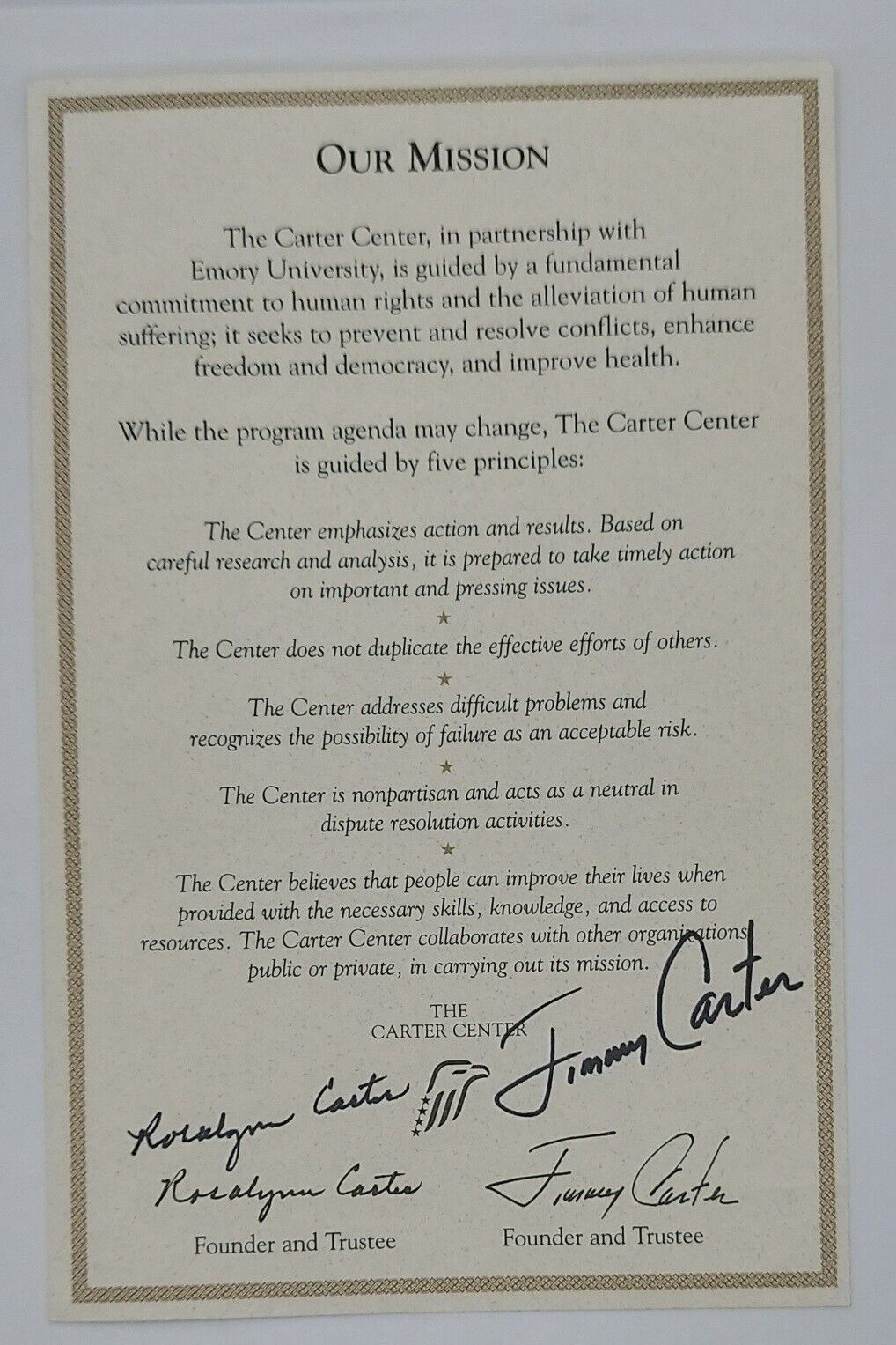 President Jimmy Carter & Rosalynn Carter Signed Carter Center Mission Statement 
