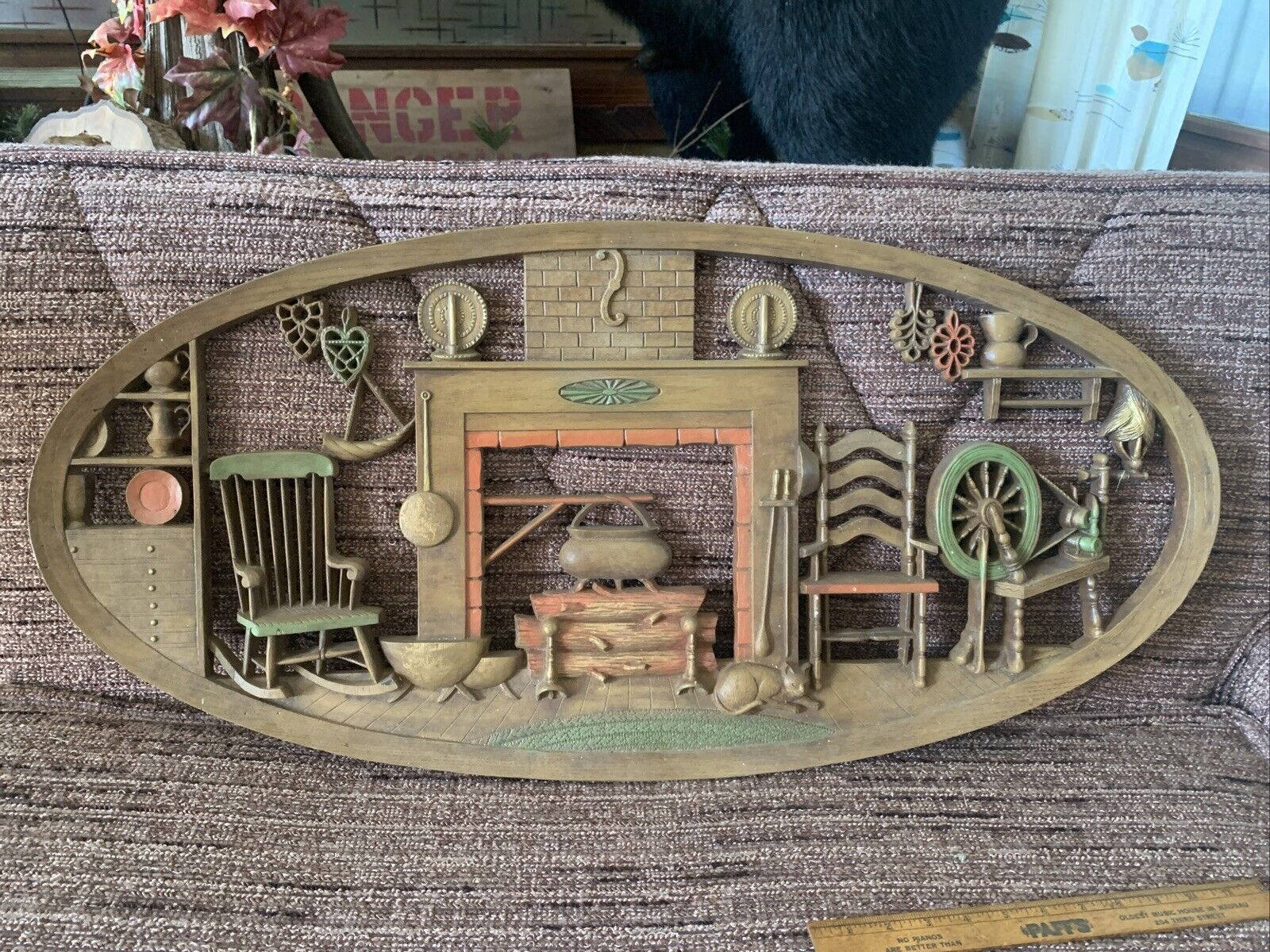Vintage Burwood Products Primitive Cabin Wall Hanging 1970’s Rocking Chair Fire