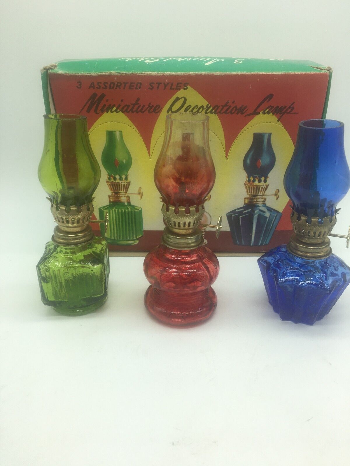 3 Vintage Miniature Glass Oil Lamps Made In Hong Kong 4.25”w/orginal box