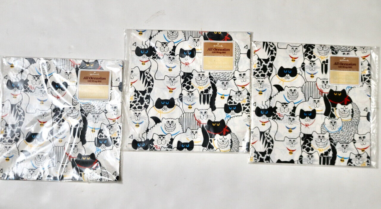 Hallmark vintage illustrated cats gift wrapping paper set of three packages