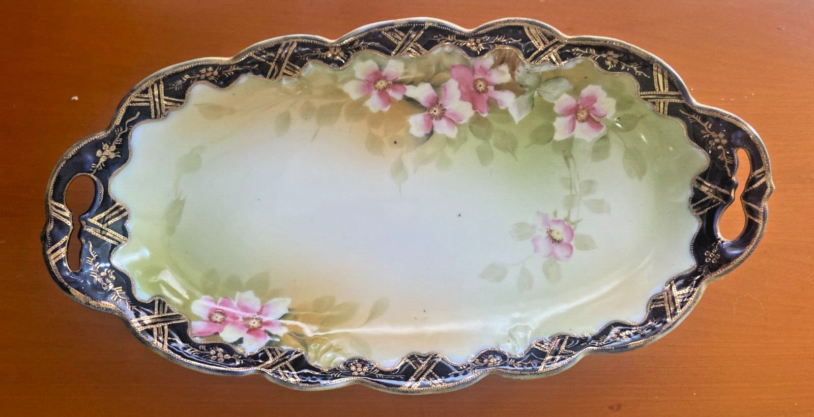 ANTIQUE  NIPPON Blue MAPLE LEAF mark OVAL DISH PINK FLOWERS  MORIAGE & GOLD