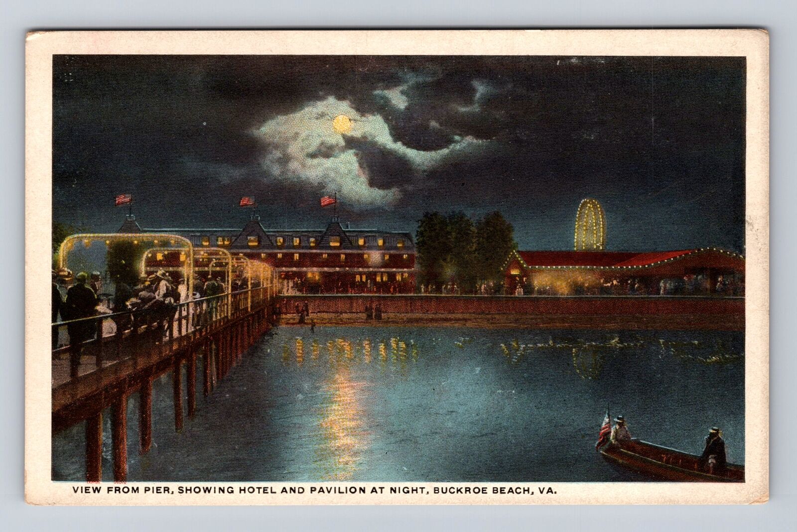 Buckroe Beach VA-Virginia, View Pier At Night, Hotel, Pavilion Vintage Postcard