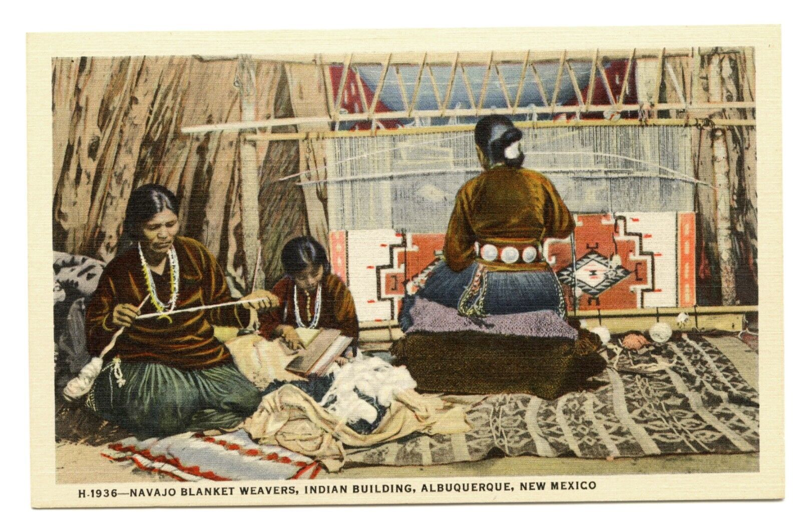 Navajo Blanket Weavers, Albuquerque, Vintage Fred Harvey Postcard Linen