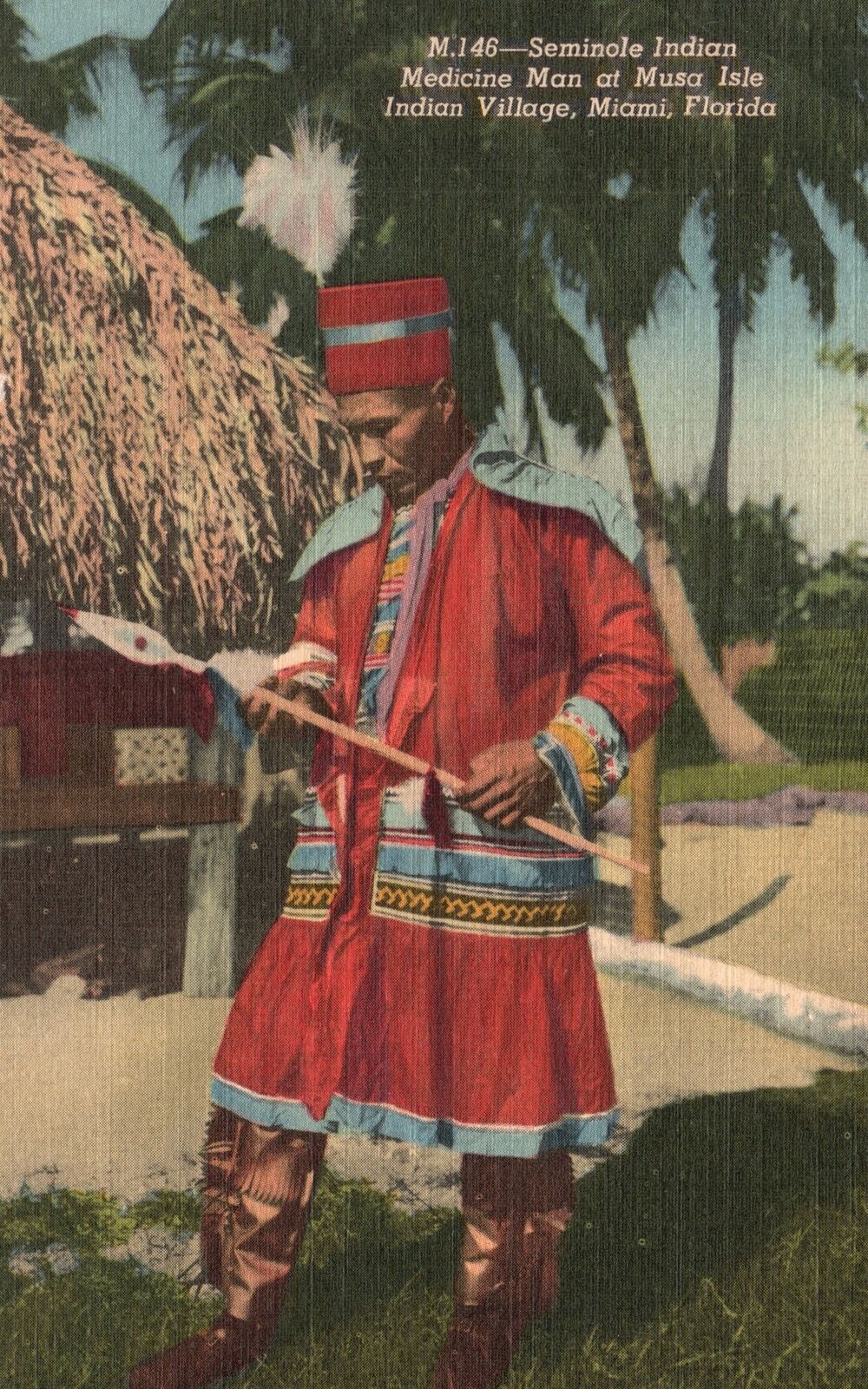 Vintage Postcard 1930\'s Seminole Indian Medicine Man at Musa Isle Miami Florida
