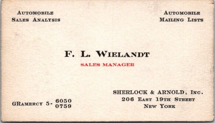 Sherlock & Arnold New York Automobile Sales Analysis c1950s Business Card NQ1