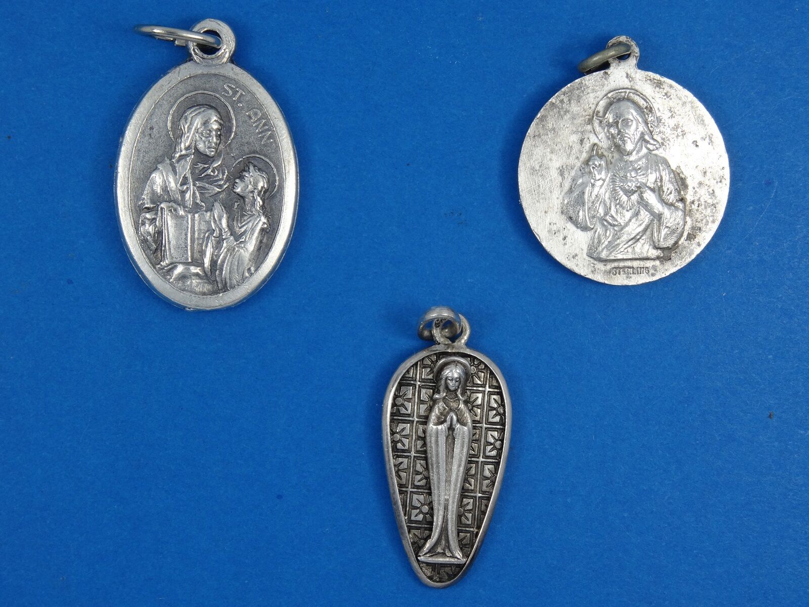 LOT of 3 ANTIQUE ITALY SILVER CHRISTIANITY SAINT MEDALLION PENDANT CHARMS