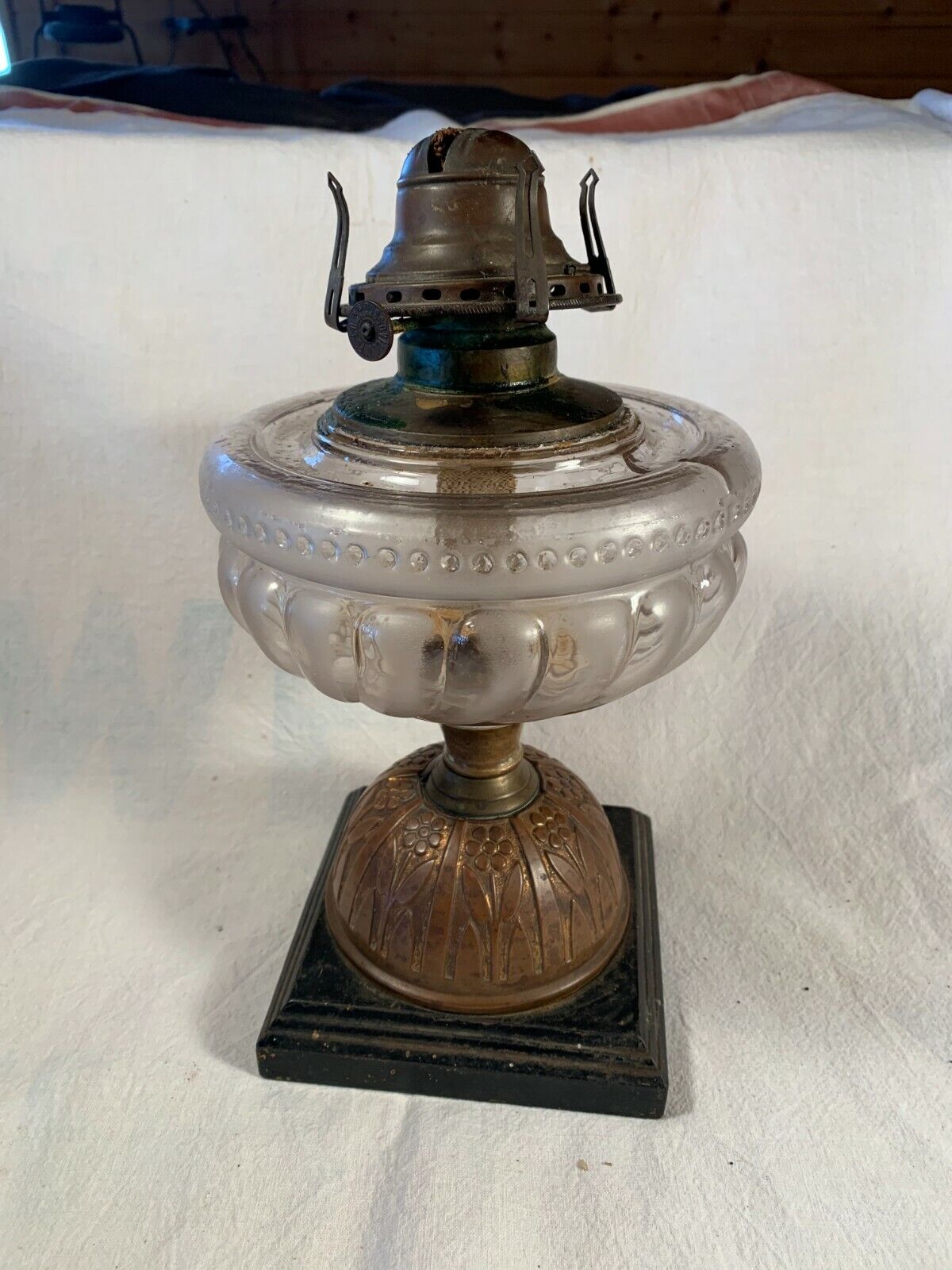 Victorian Composition Oil Lamp with Floral Brass Stem & Iron Foot c1880s