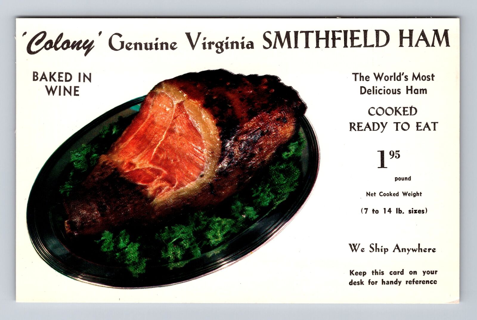 Norfolk VA-Virginia, Genuine Smithfield Ham, Bank of Commerce Vintage Postcard