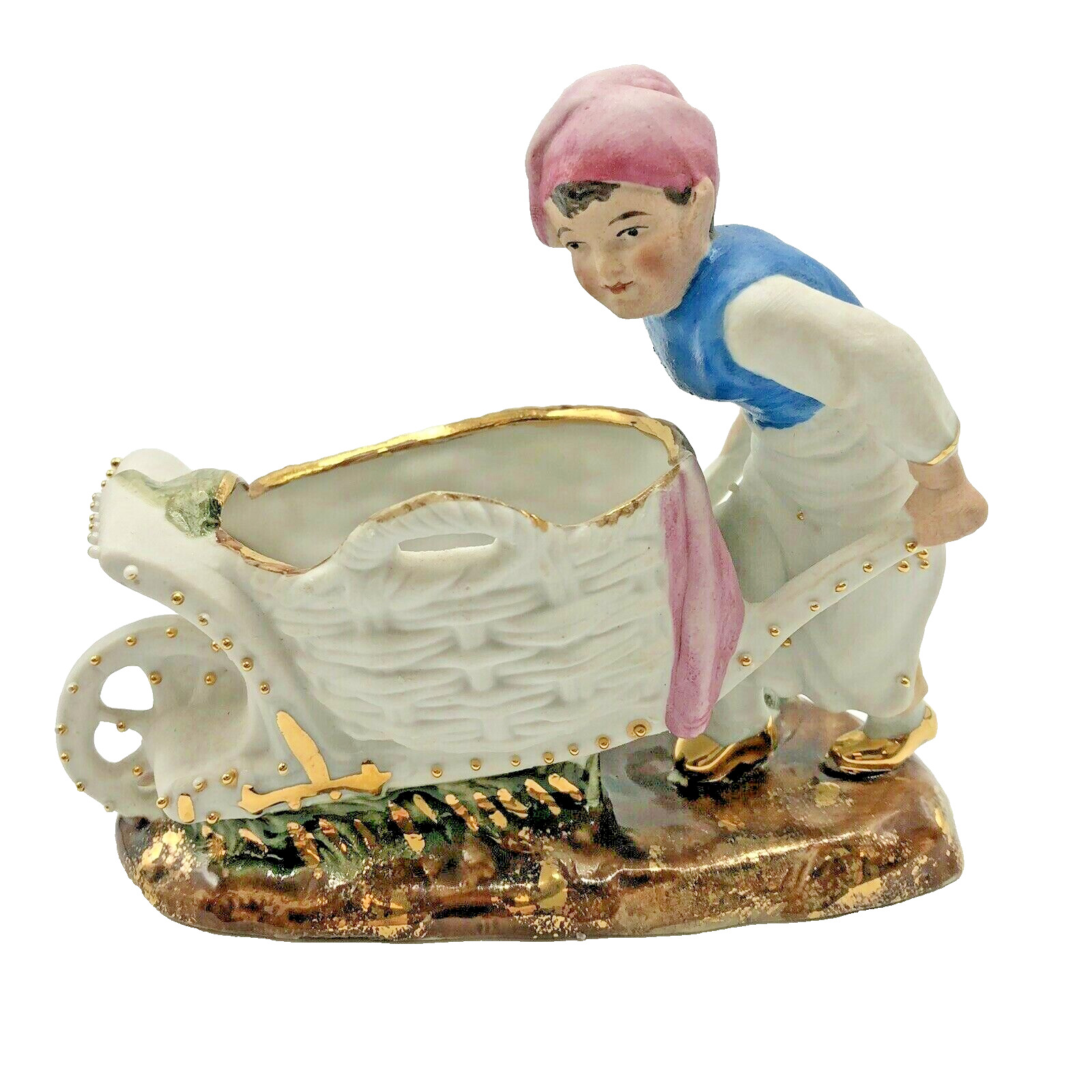 Vintage Boy Wheelbarrow Bisque Figurine Container Planter Germany Hand Painted 