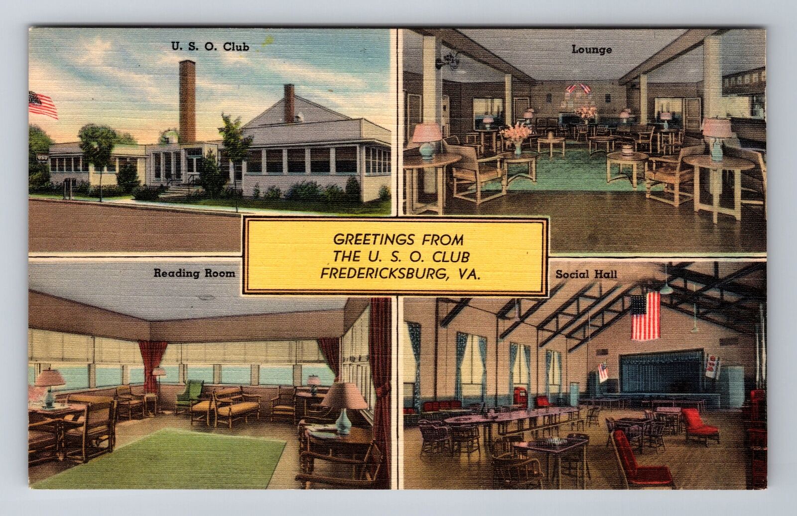 Fredericksburg VA-Virginia, USO Club, Lounge, Reading Room, Vintage Postcard