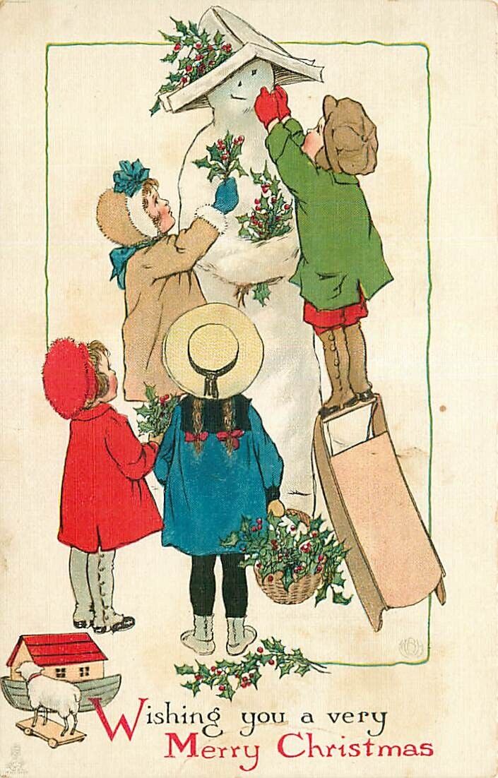Tuck Christmas Postcard Children Decorating Snowman w/ Holly & Paper Hat