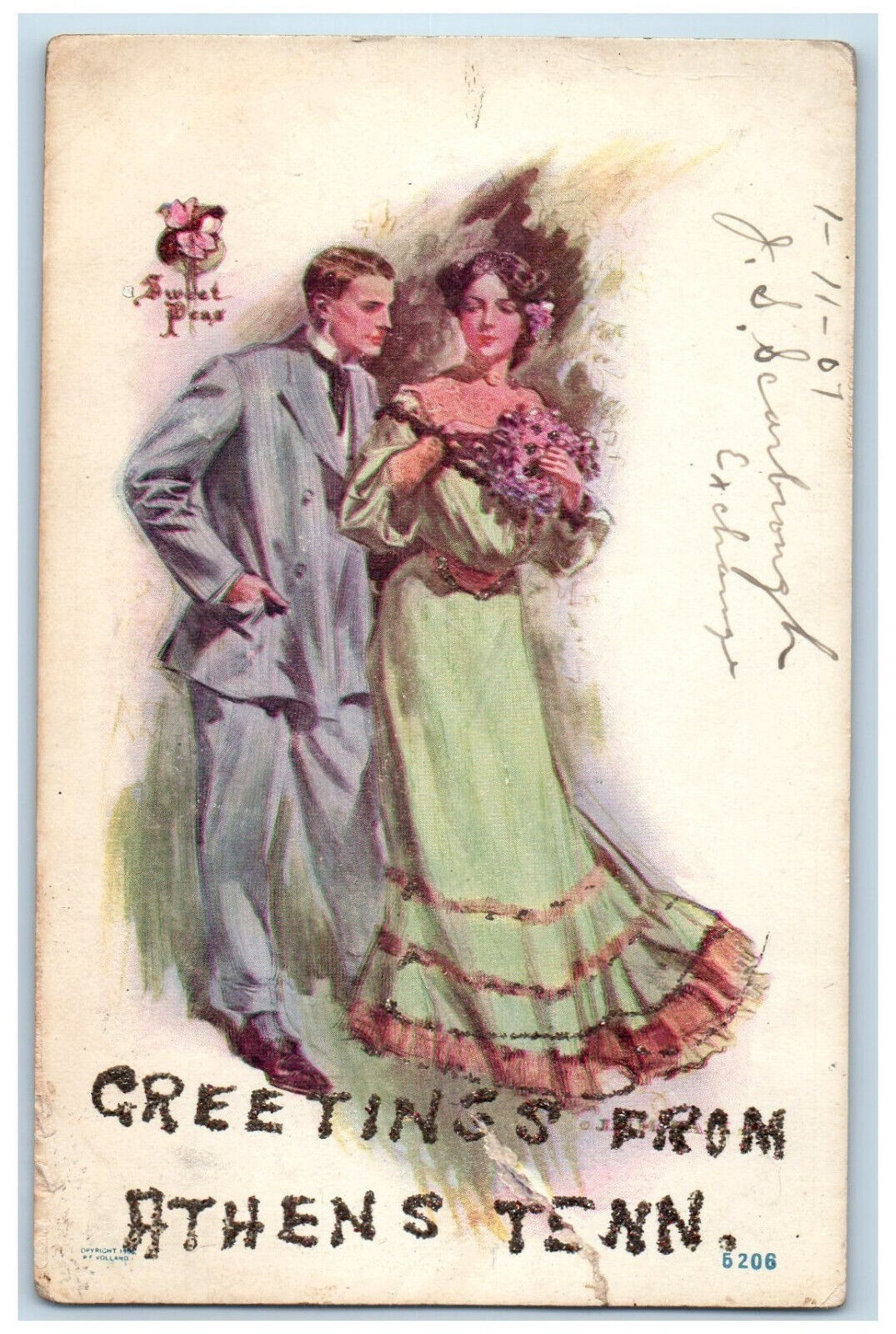 1907 Couple Romance Greetings from Athens Tennessee TN Posted Postcard