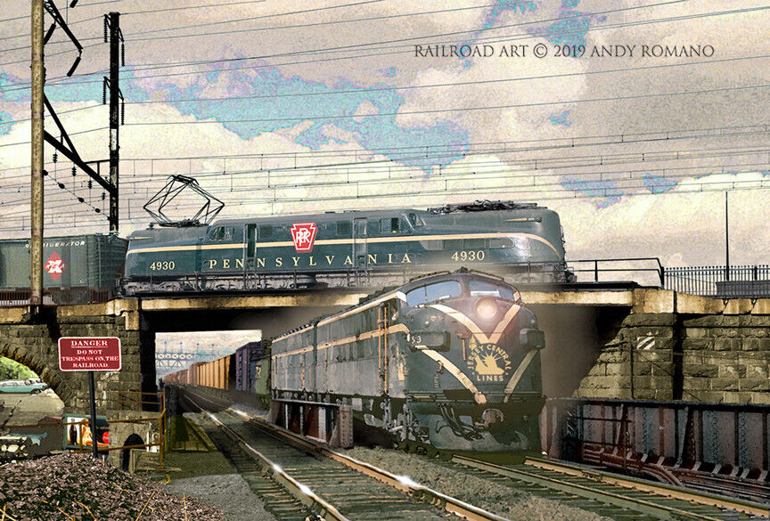 CNJ F3—PRR GG1 CROSSING FRESH PRINT, LIMITED EDITION RR ART BY ANDY ROMANO