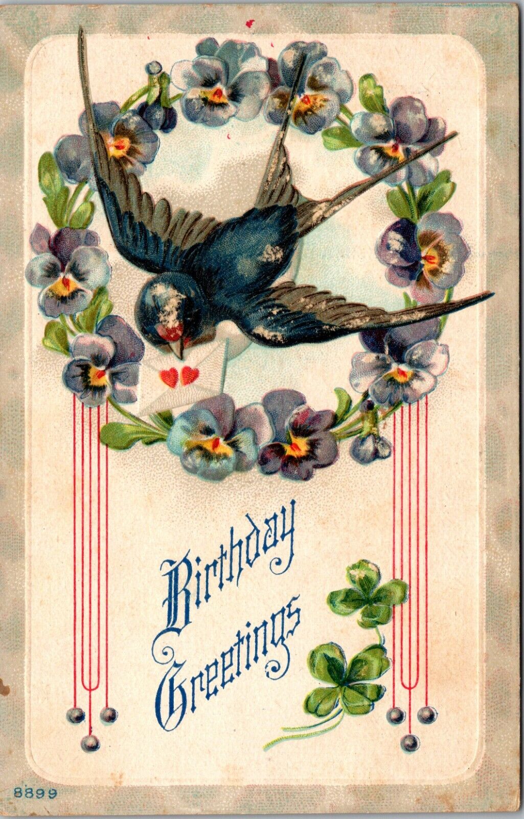 c1907 Birthday Postcard, bird, wreath, flowers, embossed, antique, Henry, IL